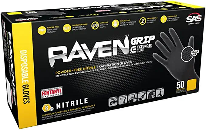 Raven Grip Nitrile Disposable Gloves, Extended Cuff, 8 Mil-Thick, 12-Inch Length, 50-Count Box, Black, SAS Safety Corp